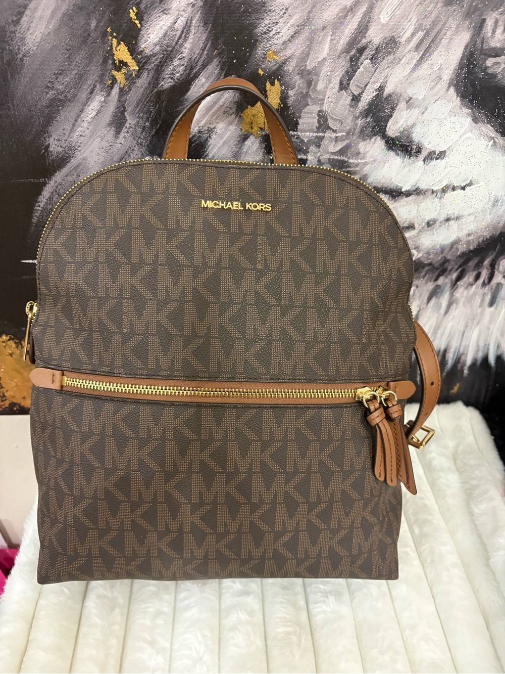 Michael Kors Brown MK Logo Backpack with Tan Leather Trim